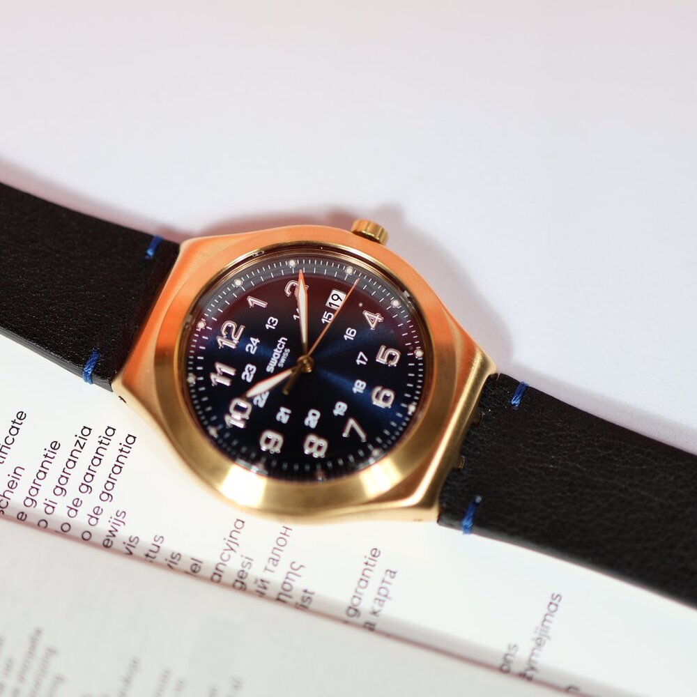 Limited Swiss Swatch Made Irony Gold Colored Blue Happy Joe Golden YWG408 41MM - Picture 2 of 10